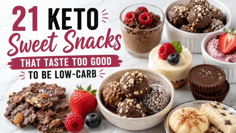 21 keto sweet snacks including chocolate, cheesecake, berries, and low carb treats