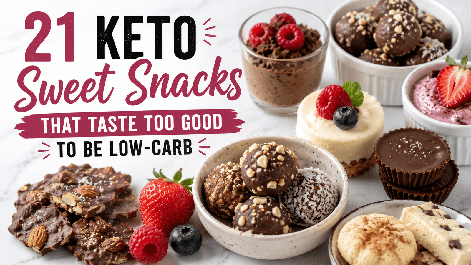 21 keto sweet snacks including chocolate, cheesecake, berries, and low carb treats