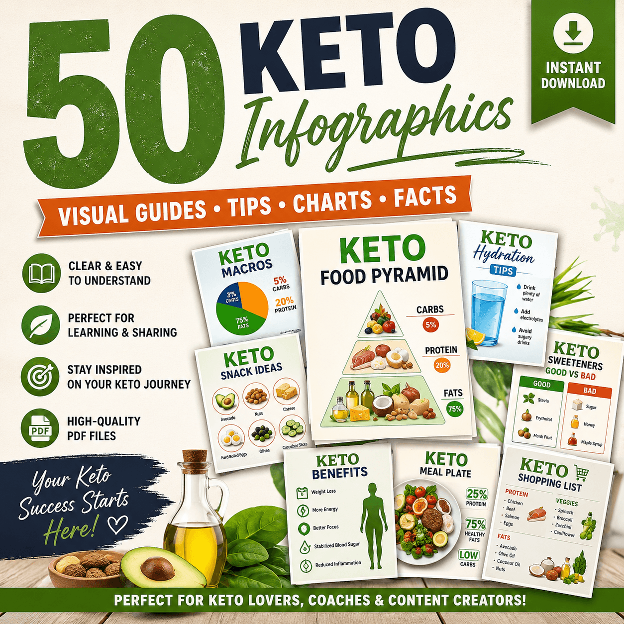 50 keto infographics bundle with keto diet and low carb visual guides