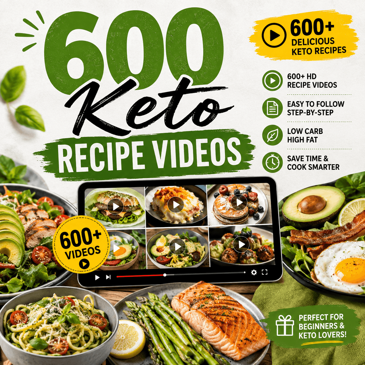 600 keto recipe videos digital download bundle with keto meal ideas and low carb recipes
