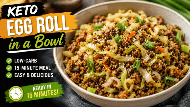 Keto egg roll in a bowl with ground meat and cabbage