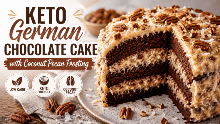 keto German chocolate cake recipe with coconut pecan frosting