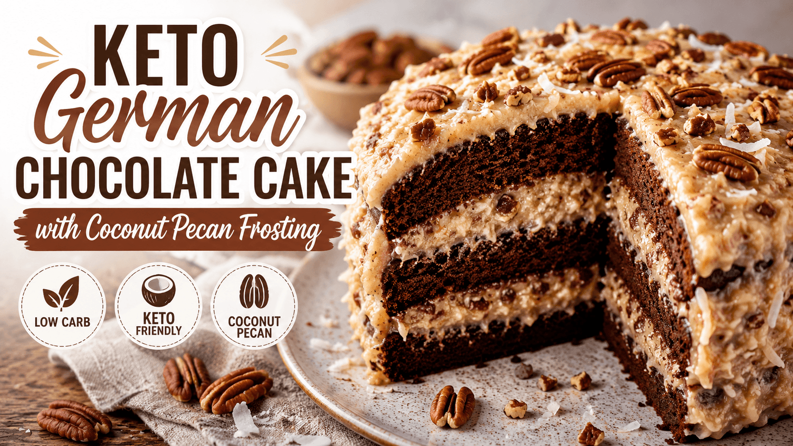 keto German chocolate cake recipe with coconut pecan frosting